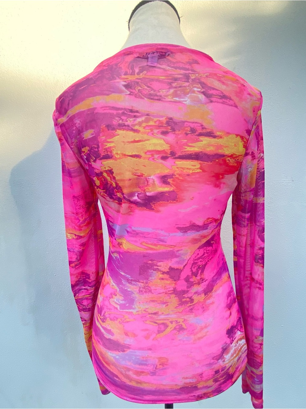 AFRM Subversive Pink & Orange Abstract Sunset Print Mesh Long Sleeve Top Small - Picture 4 of 6